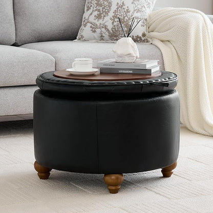 24Inch Round Storage Ottoman with Tray, Modern Tufted Leather Circle Coffee Table with Storage, Upholstered Ottoman with Removable Top for Living Room, Bedroom, Leather Black