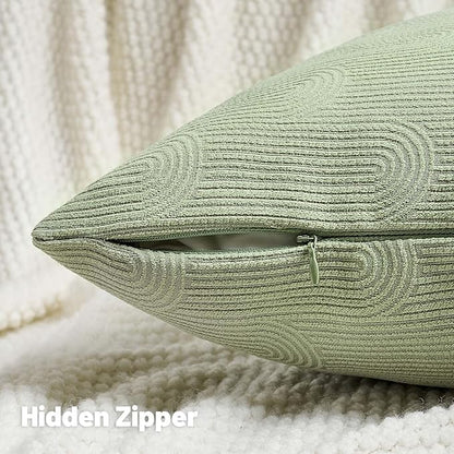 FUTEI Sage Green Chenille Decorative Throw Pillow Covers 12x20 Inch Set of 2,Soft Cozy Striped Geometric Patterns Lumbar Pillow Cases,Modern Home Decor for Couch Bed Living Room