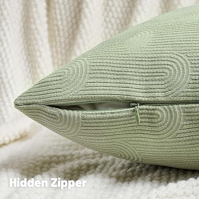 FUTEI Sage Green Chenille Decorative Throw Pillow Covers 18x18 Inch Set of 2,Soft Cozy Striped Geometric Patterns Cushion Case,Modern Home Decor for Couch Bed Living Room