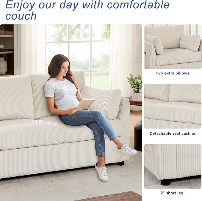 79 inch Sofa for Living Room,Mid Century Modern Couch with Big Pockets, Corduroy Couch with Three Cushions and Solid Wood Frame for Apartment and Small Spaces (Beige, Sofa)