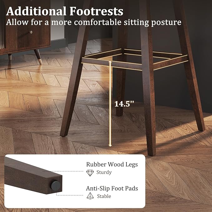 COSTWAY Swivel Bar Stools Set of 4, 30-inch Height Backless Upholstered Chairs with Padded Contoured Seat, Rubber Wood Legs, Footrest, Linen Fabric Barstools for Kitchen Counter Island, Grey+Brown