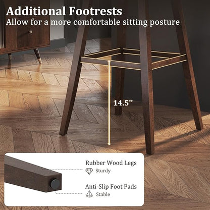 COSTWAY Swivel Bar Stools Set of 2, 30-inch Height Backless Upholstered Chairs with Padded Contoured Seat, Rubber Wood Legs, Footrest, Linen Fabric Barstools for Kitchen Counter Island, Grey+Brown