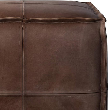 SIMPLIHOME Brody 18-inch Wide Square Pouf in Distressed Dark Brown Vegan Faux Leather, Boho-Style Ottoman, Footstool or Extra Seating for Living Room, Assembled