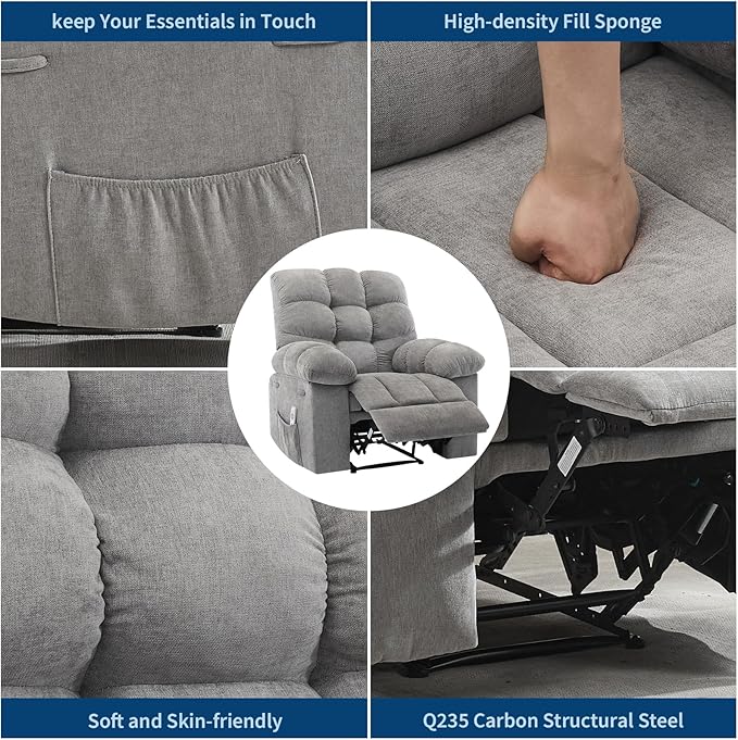 Recliner Rocking Chair with Massage and Heat, Wide Overstuffed Ergonomic Fabric Recliner with Breathable Upholstery, 2 Side Pockets & Remote Control for Living Room or Bedroom