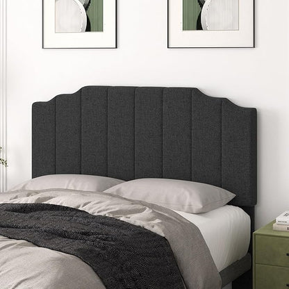 Queen Size Headboard Only, Linen Wall Mounted Headboard Queen/Full Size for Adjustable Bed, Modern Vertical Channel Design with Curved Tufted Upholstered Head Board, Dark Gray