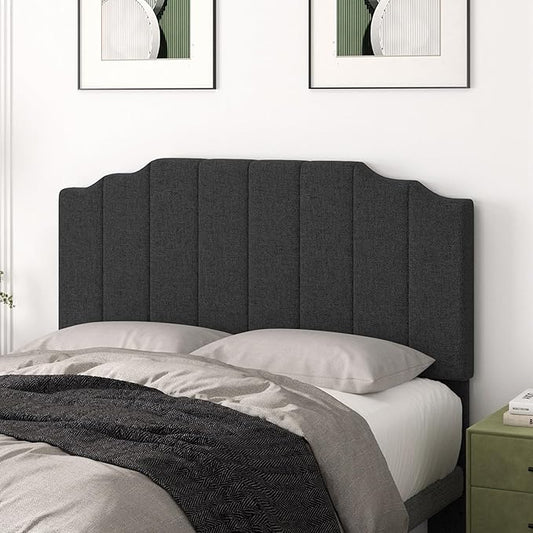Queen Size Headboard Only, Linen Wall Mounted Headboard Queen/Full Size for Adjustable Bed, Modern Vertical Channel Design with Curved Tufted Upholstered Head Board, Dark Gray