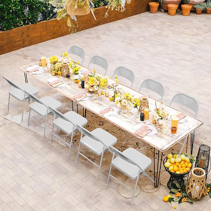 VINGLI Folding Chairs All Steel Metal Frame, Capacity 350 lbs, Durable Portable and Versatile for Indoor Outdoor Use, White, Set of 8