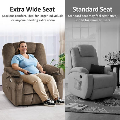 MCombo Oversized Power Lift Recliner Chair Sofa with Massage and Heat for Elderly People Petite, USB Ports, Side Pockets, Fabric R7561 (Brown, Small-Oversize)