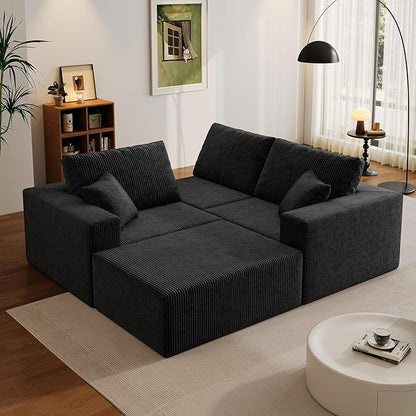 110" Boneless Cloud Sectional Couch for Living Room, Compressed Modular L-Shaped Sofa with Deep Seat, Frameless Corduroy Couch in Boxes, No Assembly Required 3-Seater (Right-Facing Chaise, Black)