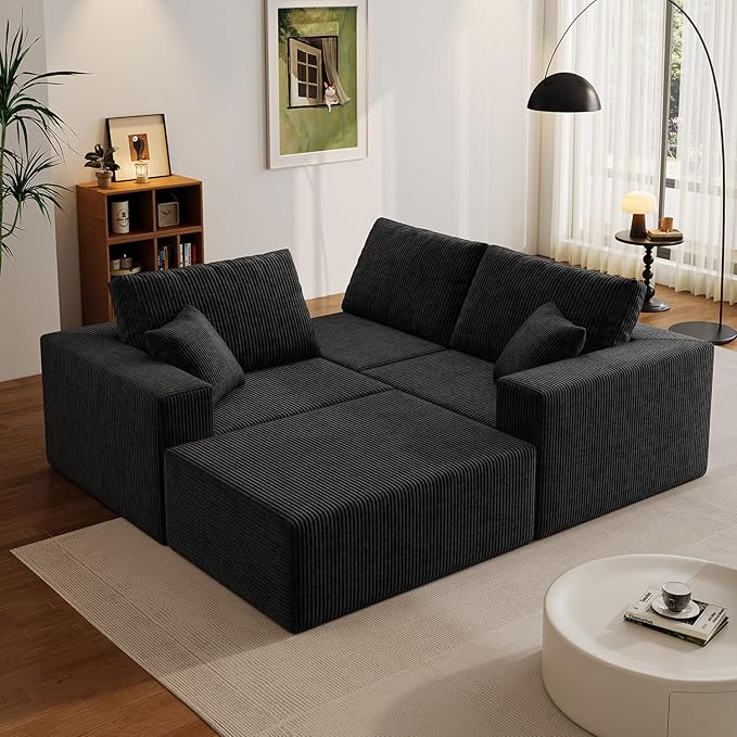 110" Boneless Cloud Sectional Couch for Living Room, Compressed Modular L-Shaped Sofa with Deep Seat, Frameless Corduroy Couch in Boxes, No Assembly Required 3-Seater (Left-Facing Chaise, Black)