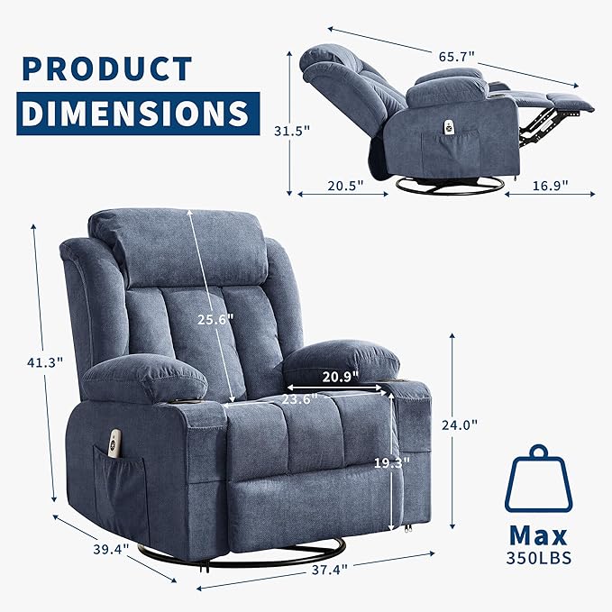 Rocker Recliner Chair with Heat and Massage, 360° Swivel Oversized Recliner for Adults, Single Sofa Seat with 3 Positions, 2 Side Pockets, Cup Holders, and USB Ports, Lazy Boy Recliner (Large, Blue)