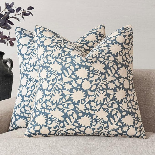 Foindtower Set of 2 Decorative Neutral Floral Throw Pillow Covers Accent Farmhouse Cushion Covers Boho Vintage Pillowcase for Couch Sofa Bedroom Living Room Home Decor,18×18 Inch,Dusty Blue