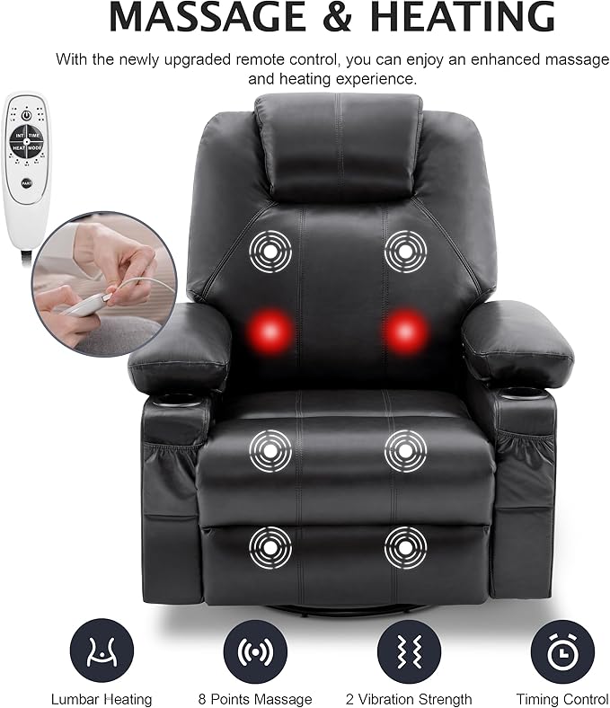 Oversized Swivel Rocker Recliner Sofa Chair with Heat and Massage, 360 Degree Swivel Single Sofa with Cup Holders and USB Port, Big Recliner Sofa Chair for Living Room(Leather, Smoky Black)