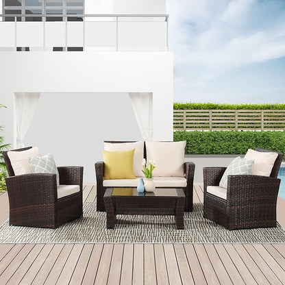 Wisteria Lane 4 Piece Patio Furniture Set, Wicker Outdoor Patio Conversation Furniture Set, All Weather Outdoor Patio Sofa with Cushion and Glass Table, Brown