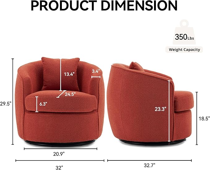 Swivel Accent Chair, Modern Upholstered Boucle Barrel Arm Chairs with Pillow for Living Room, 360 Degree Round Swivel Sherpa Armchair with Round Base for Bedroom Club (1, Orange)