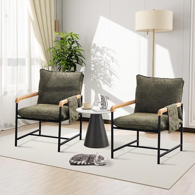 CLIPOP Modern Accent Chair, Modica Fabric Comfy Reading Chair with Wood Arms, Removable Cover, Side Pocket, Soft Cushion, Leisure Living Room Armchair for Bedroom, Home Office, Green