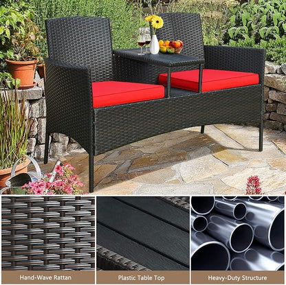 COSTWAY 2-Seat Patio Conversation Sets, Outdoor Patio Loveseat Set with Removable Cushions & Built-in Coffee Table for Backyard, Garden, Lawn, Balcony, Black+Red
