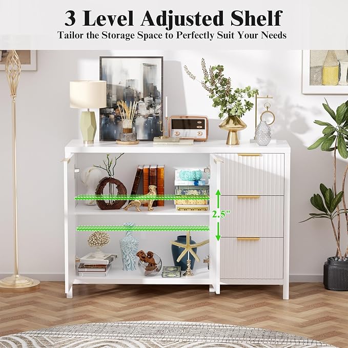 Fluted Sideboard Buffet Cabinet, 46.5" Storage Buffet Cabinet with 2 Doors & 3 Drawers, Modern Wood Sideboard Console for Living Room, Dinning Room, Kitchen, White