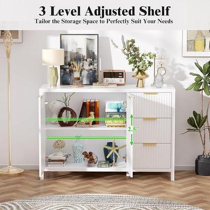 Fluted Sideboard Buffet Cabinet, 46.5" Storage Buffet Cabinet with 2 Doors & 3 Drawers, Modern Wood Sideboard Console for Living Room, Dinning Room, Kitchen, White