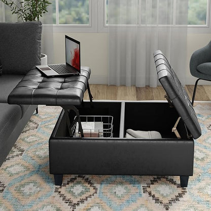 SIMPLIHOME Harrison Coffee Table Storage Ottoman - 36 inch Wide Upholstered Vegan Leather Square Ottoman in Distressed Graphite Black, Transitional Ottoman for Living Room with Split Lift-Up Lid