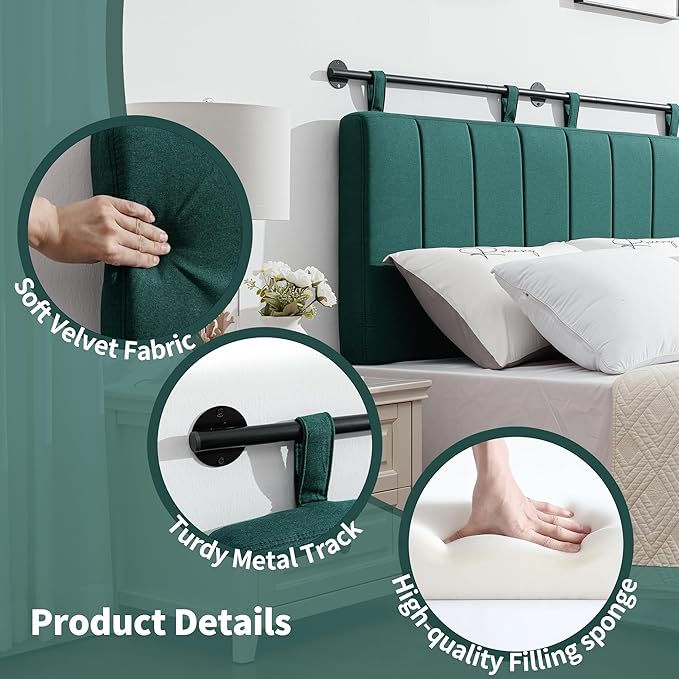 UEV King Headboard Only, Wall Mounted Hanging Upholstered Bed Head Board, Modern Vertical Channel Design of Fine Linen, Elegant Light Yellow Fluted Headboard for Bedroom (Dark Green, King Size)