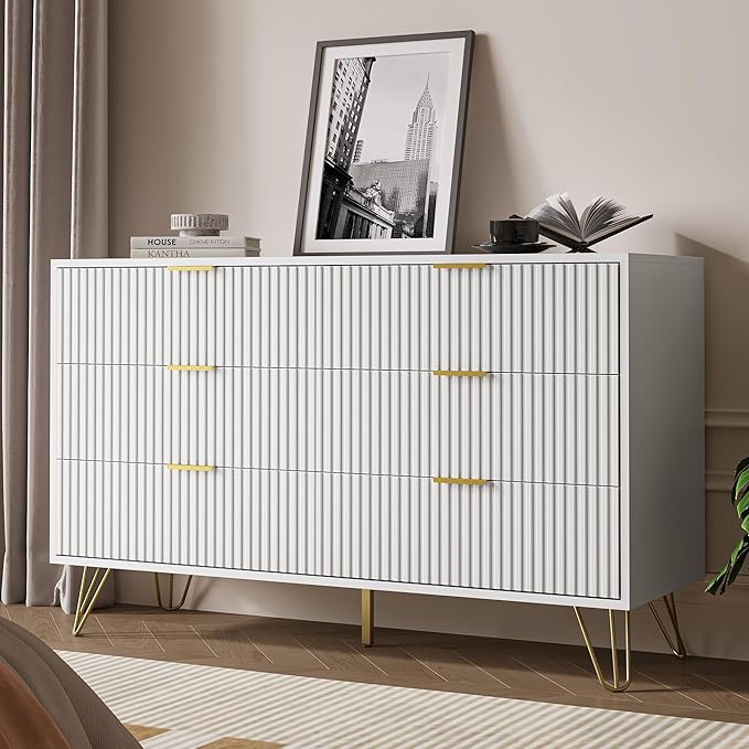 White Dresser for Bedroom, Modern Dresser with Gold Metal Handles & Chests of Drawers, Wood Chest of Drawers for Bedroom