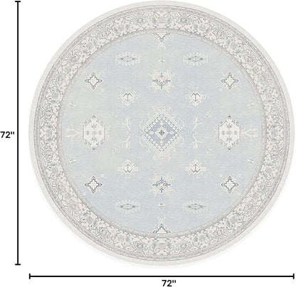 RUGGABLE Washable Vintage Area Rug – Verena Soft Blue 6 ft Round, Stain-Resistant, Non-Slip – Medium Machine Washable Rugs for Living Room, Bedroom, Hallway, Entryway & Office–with Standard Pad