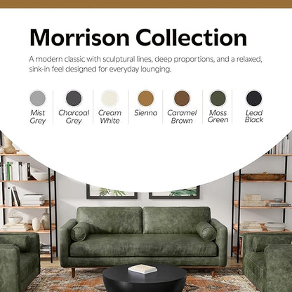 SIMPLIHOME Morrison 89-inch Wide Sofa in Moss Green Genuine Leather, Mid-Century Modern Design Couch for Living Room, Single Bench Cushion, 2 Back Cushions, 2 Bolster Pillows