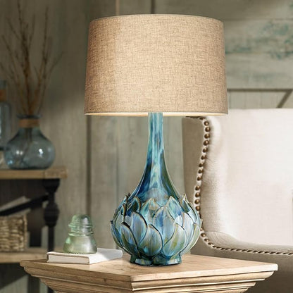 Possini Euro Design Kenya Modern Tropical Table Lamp with USB Dimmer 29 1/2" Tall Blue Green Glaze Ceramic Beige Linen Drum Shade for Bedroom Living Room House Home Bedside Nightstand Office Family