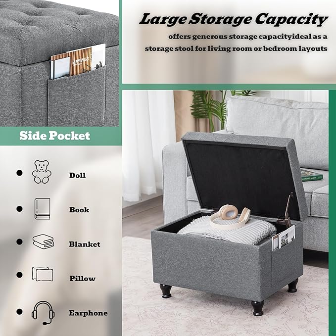 Ottoman with Storage 24'' Storage Ottomans Linen Fabric Ottoman Footstools Small Upholstered Foot Rest Stool for Couch, Living Room, Bedroom, Entrance Shoe Bench Light Grey