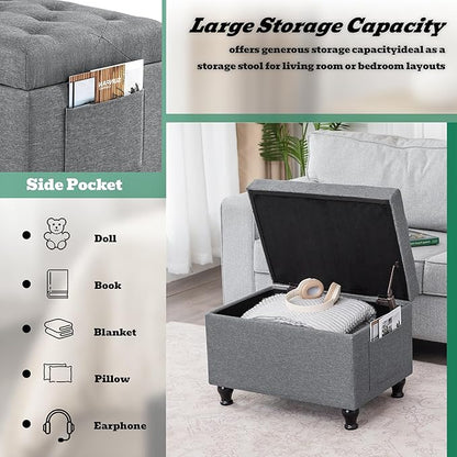 Ottoman with Storage 24'' Storage Ottomans Linen Fabric Ottoman Footstools Small Upholstered Foot Rest Stool for Couch, Living Room, Bedroom, Entrance Shoe Bench Light Grey