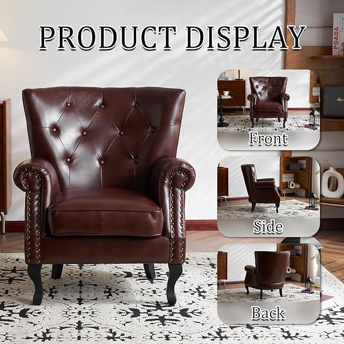 Modern Accent Chair Set of 2, Mid-Century PU Leather Armchair with Solid Wood Legs, Single Sofa Chair for Living Room, Bedroom, Leisure Room, or Reading Room(Reddish Brown)