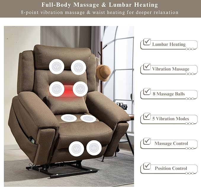 Big Man 400 lbs Recliners 28 Inch Wide Seat, Oversized Power Lift Recliner for Elderly Adults with Heat Massage, Lay Flat Recliner Chair Cup Holder & Wireless Phone Charger, USB Type C Charging