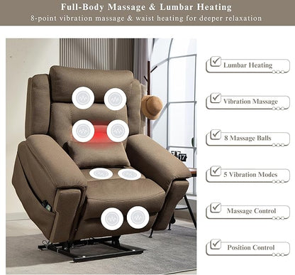 Big Man 400 lbs Recliners 28 Inch Wide Seat, Oversized Power Lift Recliner for Elderly Adults with Heat Massage, Lay Flat Recliner Chair Cup Holder & Wireless Phone Charger, USB Type C Charging