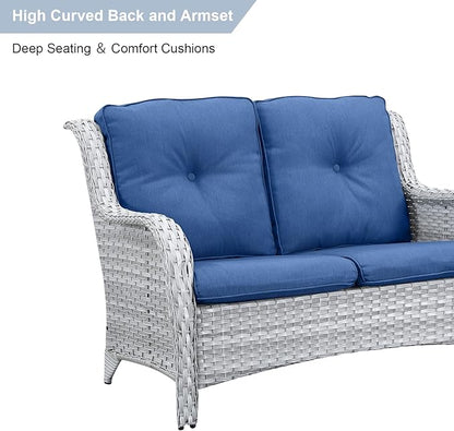 HUMMUH 5 Pieces Outdoor Furniture Patio Furniture Set Wicker Swivel Patio Chairs with 2 Seater Outdoor Sectional Sofa/Patio Loveseat with Ottomans(Light Grey/Blue)