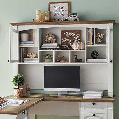 OKD 60" L Shaped Executive Desk with Hutch and Drawers, Farmhouse Home Office Desk with Charging Station, File Cabinet Storage, Wood Corner Computer Desk for Work and Study, Antique White