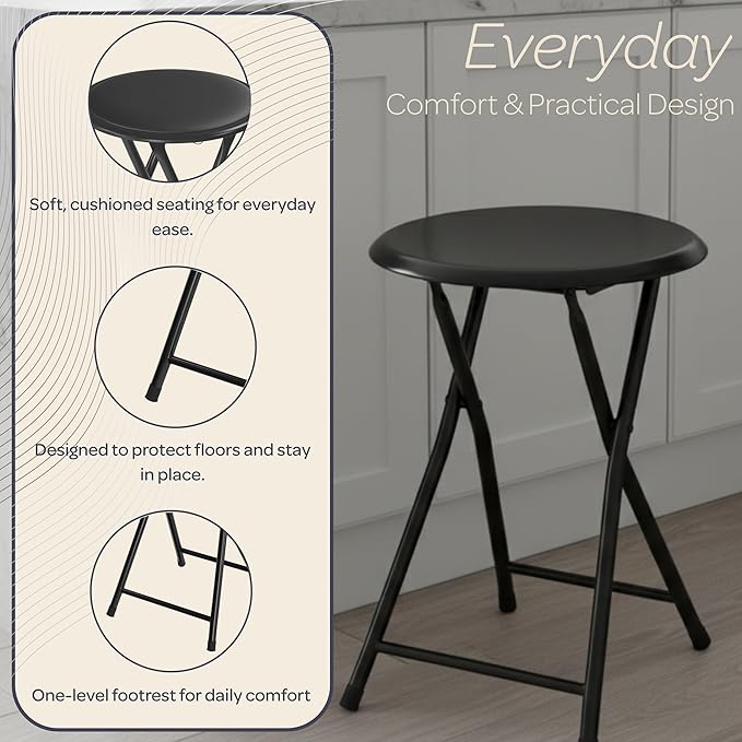 Folding Bar Stools - Set of 4 Heavy-Duty 18-Inch Stool - 225lb Capacity and Padded Seats for Dorm, Recreation or Game Room by Lavish Home (Black)