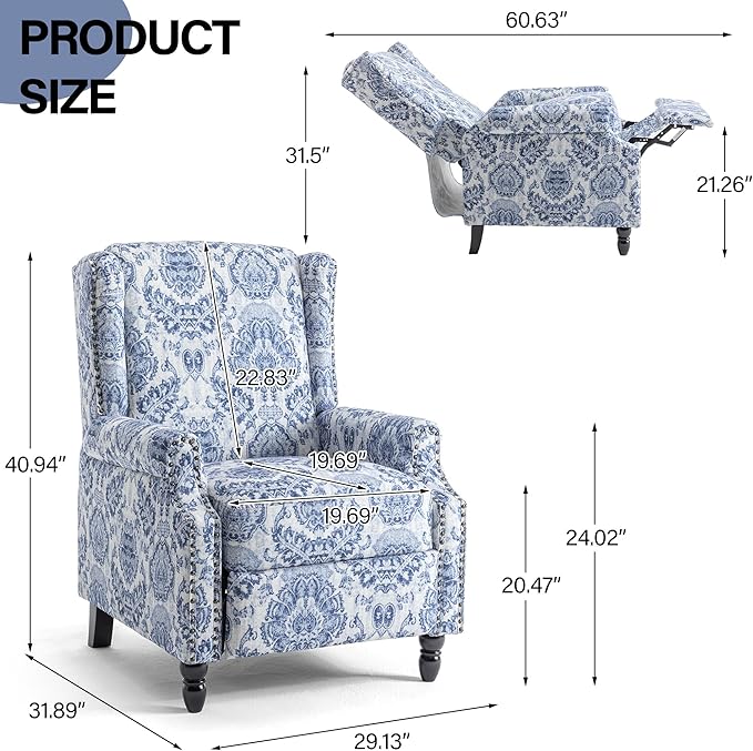 Recliner Chair, Upholstered Wingback Floral Pushback Armchair with Adjustable Backrest & Footrest, Comfy Accent Chair Reading Single Sofa for Small Spaces, Living Room, Bedroom-Navy Blue, Set of 2
