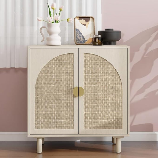 Beige Rattan Cabinet-2-Doors,Sideboard Buffet Cabinet with Storage-Accent Storage Cabinet with Cane Door, Boho Wood Credenza for Living Room, Kitchen,Dining Room or Office