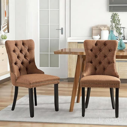 Linen Upholstered Dining Chairs Set of 8, Modern Style Kitchen Side Chairs with Nailhead Trim and Wood Leg, Metal Pulling Ring for Dining Room Living Room(Coffee,Set of 8)