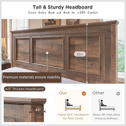 ACCOHOHO Farmhouse Queen Size Bed Frame with 52" Tall Headboard, Wood Platform Bedframe with Footboard and Storage Drawers, No Squeak, No Box Spring Needed, Light Brown