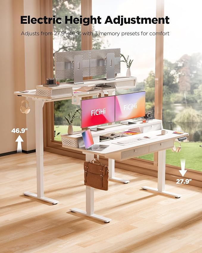FiCiHi Adjustable Height Standing Desk with 4 Drawers,48 x 24 inches Electric Sit Stand Home Office Desk with Two Tiers, 3 Memory Presets, Monitor Stand Riser