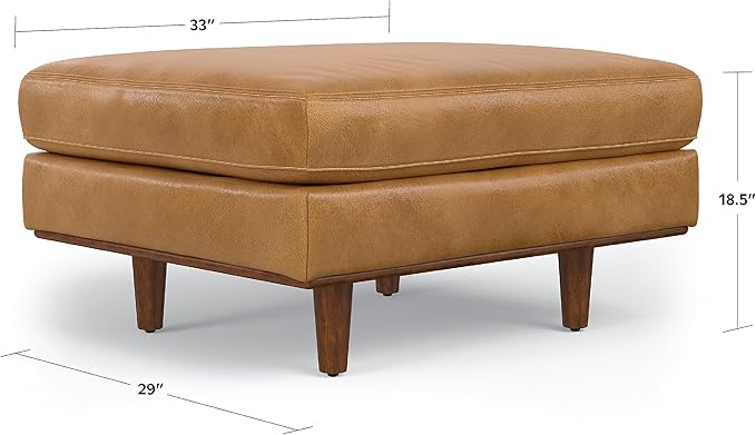 SIMPLIHOME Morrison 33 inch Wide Ottoman in Sienna Genuine Leather, Multifunctional Footrest, Coffee Table, and Extra Seating for Living Room, Mid-Century Modern Style
