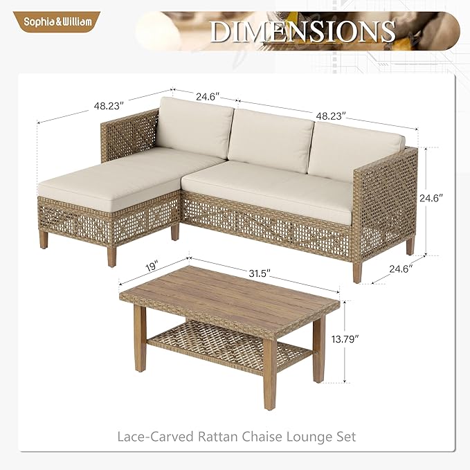 Sophia and William Boho Wicker Patio Furniture Set, Outdoor Rattan Sectional Sets Conversation Set - Weather-Resistant, with Dual Storage Coffee Table Acacia Wood Legs for Garden, Patio & Deck(Beige)