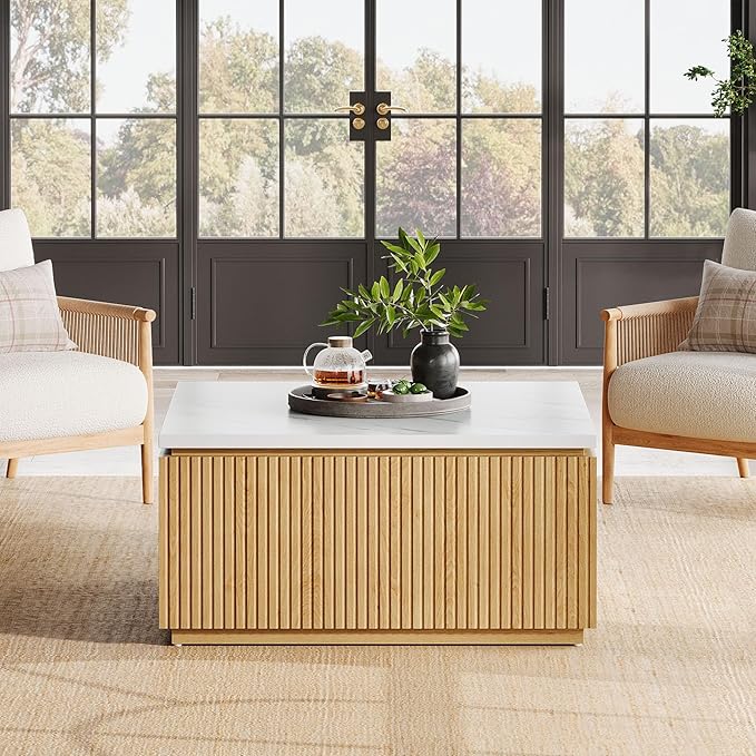 Tribesigns 31.5" Square Coffee Table, Modern Wood Center Table Cocktail Furniture for Living Room, White & Brown