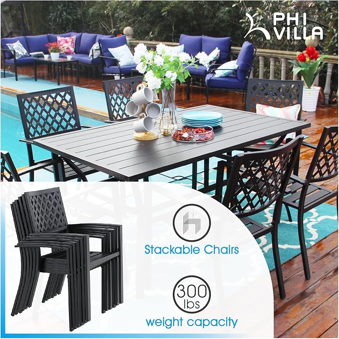 PHI VILLA Metal Outdoor Dining Chairs Set of 4 - Stackable Black Patio Chairs, 300lb Capacity (Diamond)