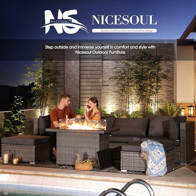 NICESOUL 7 Piece Outdoor Sectional Sofa Set with Fire Pit Natural Gas/Propane, 29.3'' High Back Comfortable Oversized Patio Wicker Furniture Set, Heavy Duty Conversations for Garden Backyard, Gray