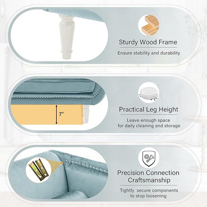 Christopher Knight Home Aurora Velvet Chaise Lounge Indoor with 2 Bolster Pillows, Upholstery Entryway Bench with Nailhead Trim & Curved Arms, End of Bed Bench Ottoman and Wooden Legs, Light Blue
