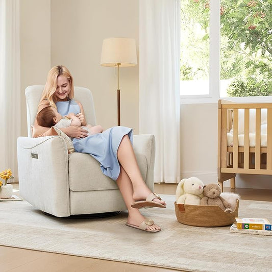 CHITA Power Recliner Chair Swivel Glider, FSC Certified Upholstered Living Room Nursery Reclining Sofa Chair with Lumbar Support, Linen