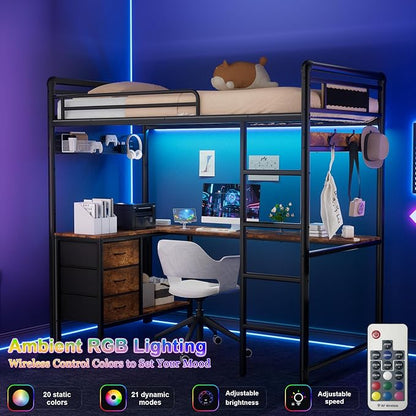 Twin Loft Bed with Desk, Gaming Bunk Bed with Stairs, Metal Loft Bed Heavy Duty Loft Beds for Adults, 3 Fabric Drawers, LED Lights & Charging Sation, No Noise & No Box Spring Needed, Black